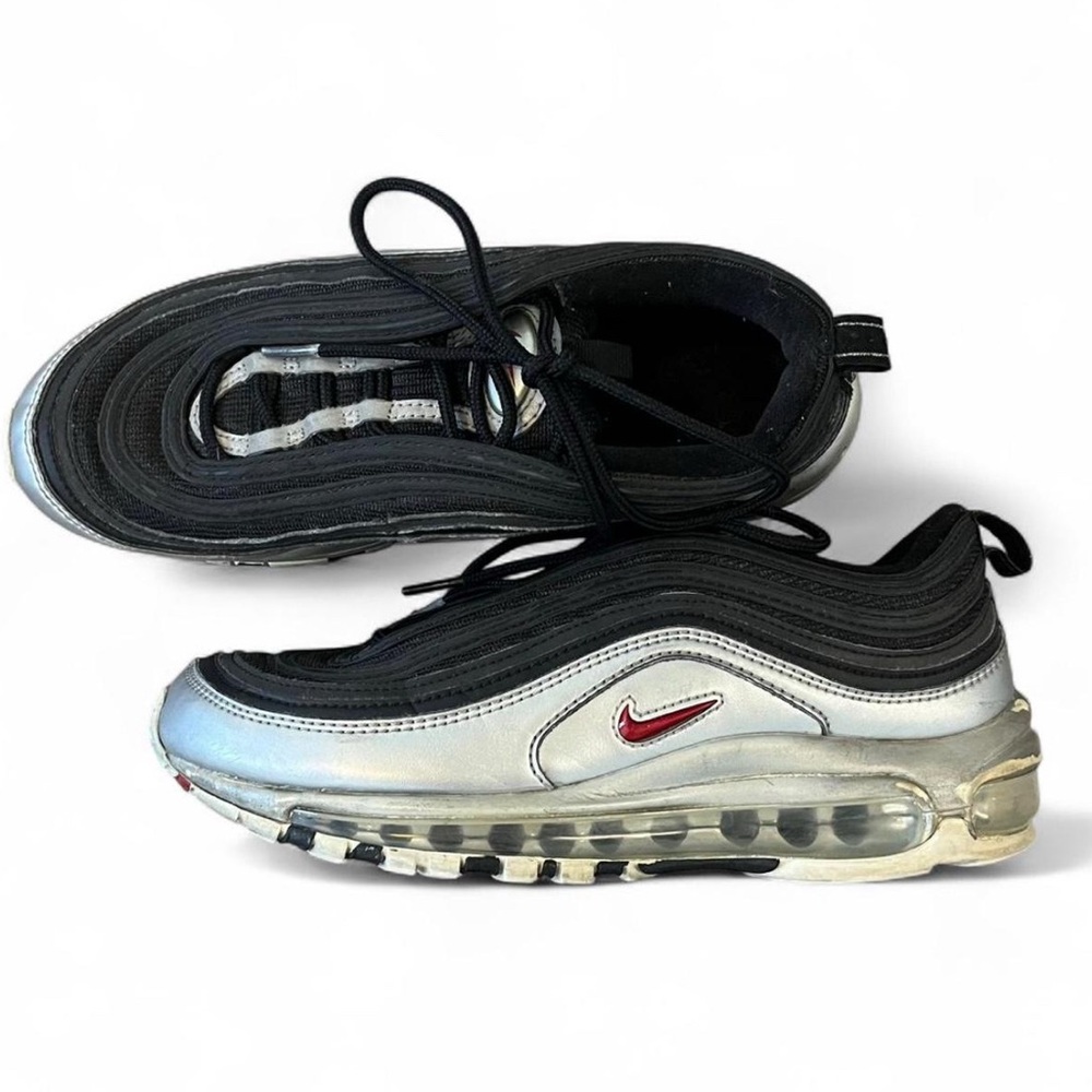 Nike Air Max 97 Metallic Silver and Black with Red Swoosh